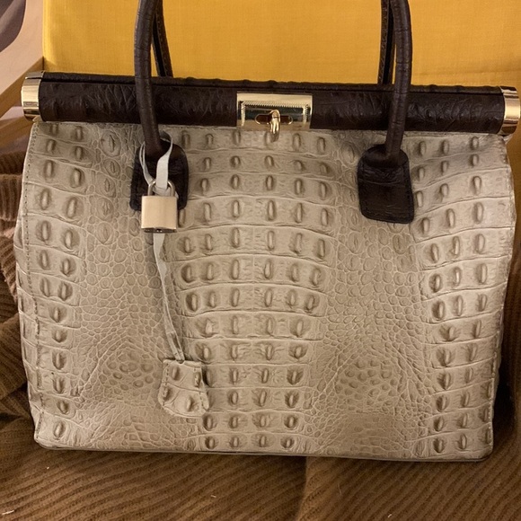 Croc Embossed Italian Leather Satchel in Taupe - Picture 6 of 9